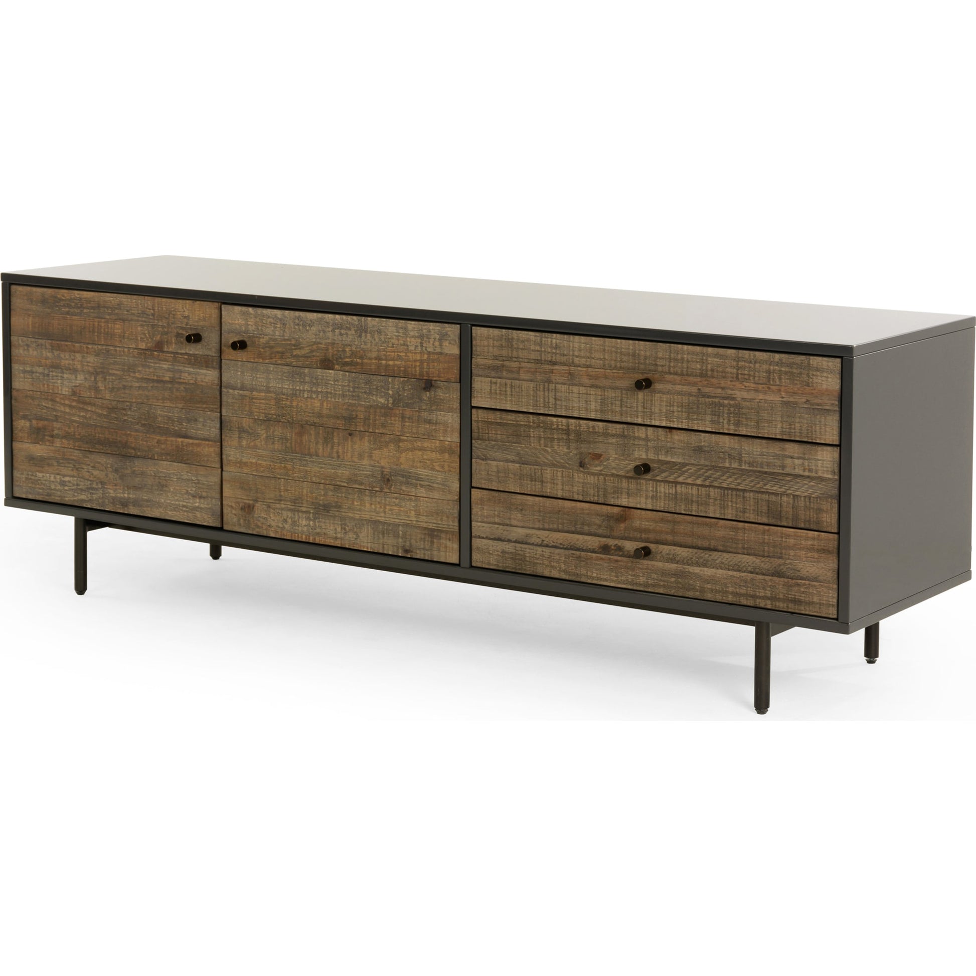 Tucker Media Console by Four Hands in walnut, oil rubbed bronze. Made from walnut veneer, iron in a modern style.