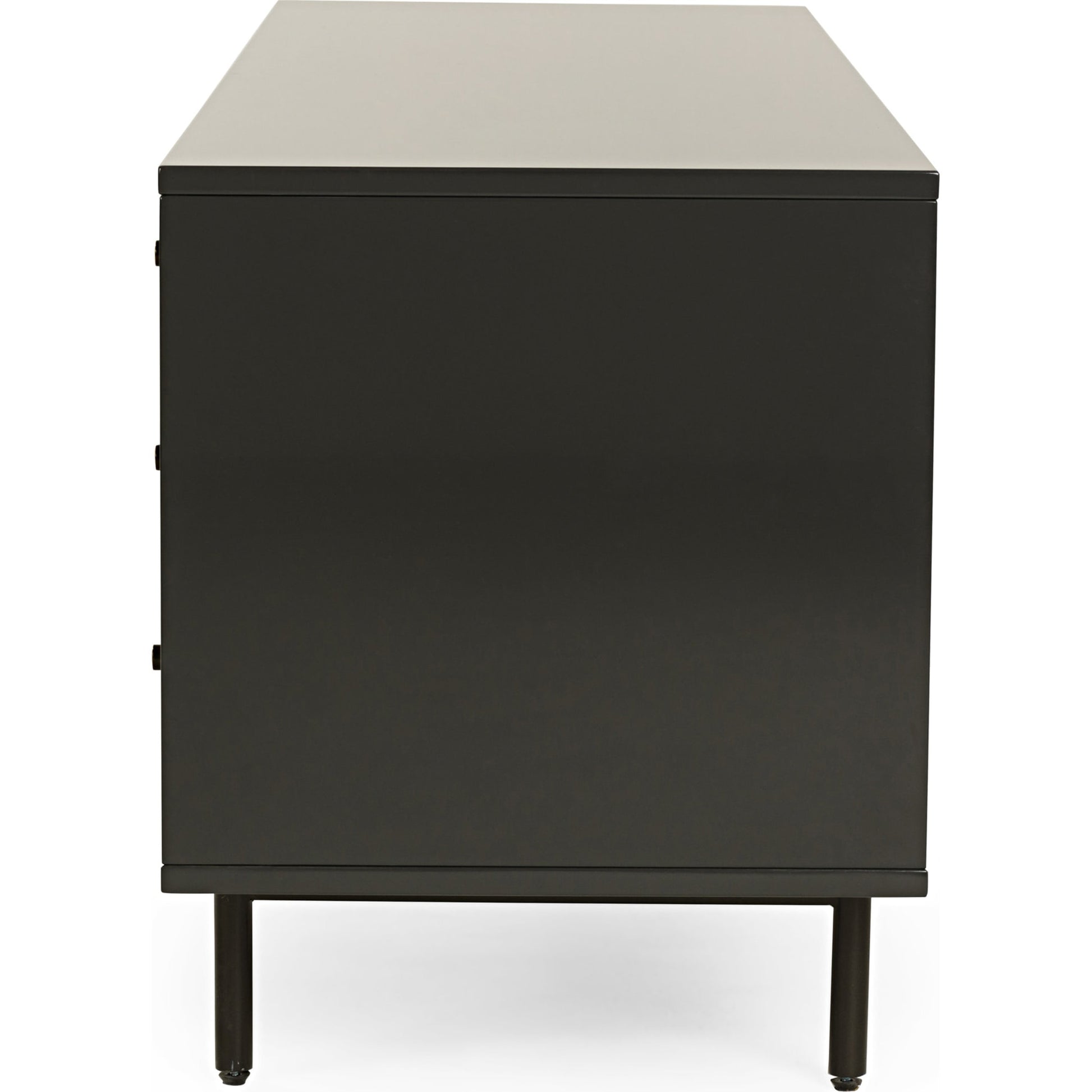 Tucker Media Console by Four Hands in walnut, oil rubbed bronze. Made from walnut veneer, iron in a modern style.
