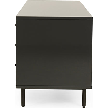 Tucker Media Console by Four Hands in walnut, oil rubbed bronze. Made from walnut veneer, iron in a modern style.