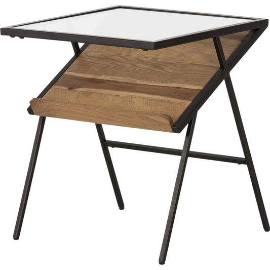 Mondrian Side Table by Four Hands in gunmetal, light honey. Made from iron, solid mixed reclaimed wood, tempered glass in a unique style.