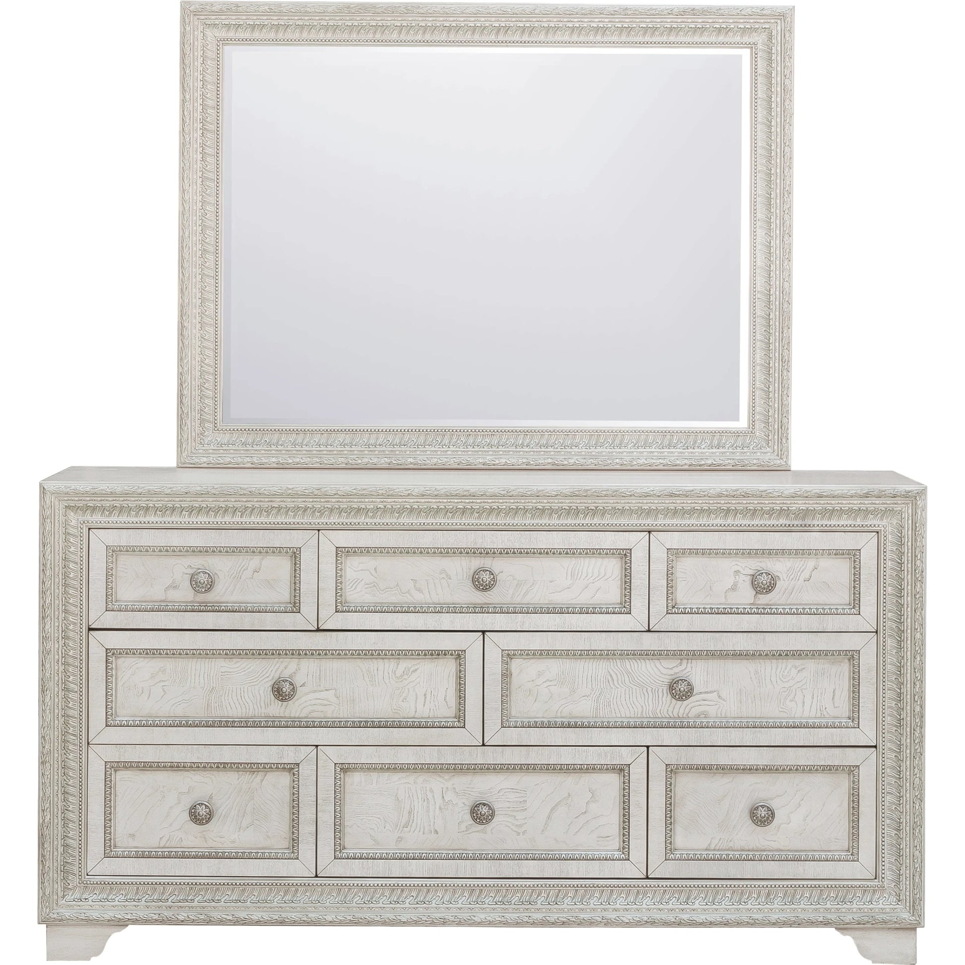 Camila Dresser and Mirror by Pulaski Furniture in semi-transparent creamy white. Made from ash veneers in a transitional style.
