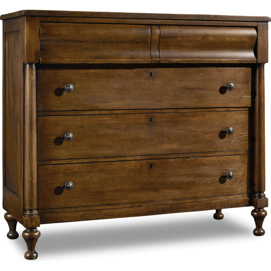 Archivist Bureau by Hooker Furniture in pecan. Made from pecky pecan veneers, felt in a cottage & farmhouse style.