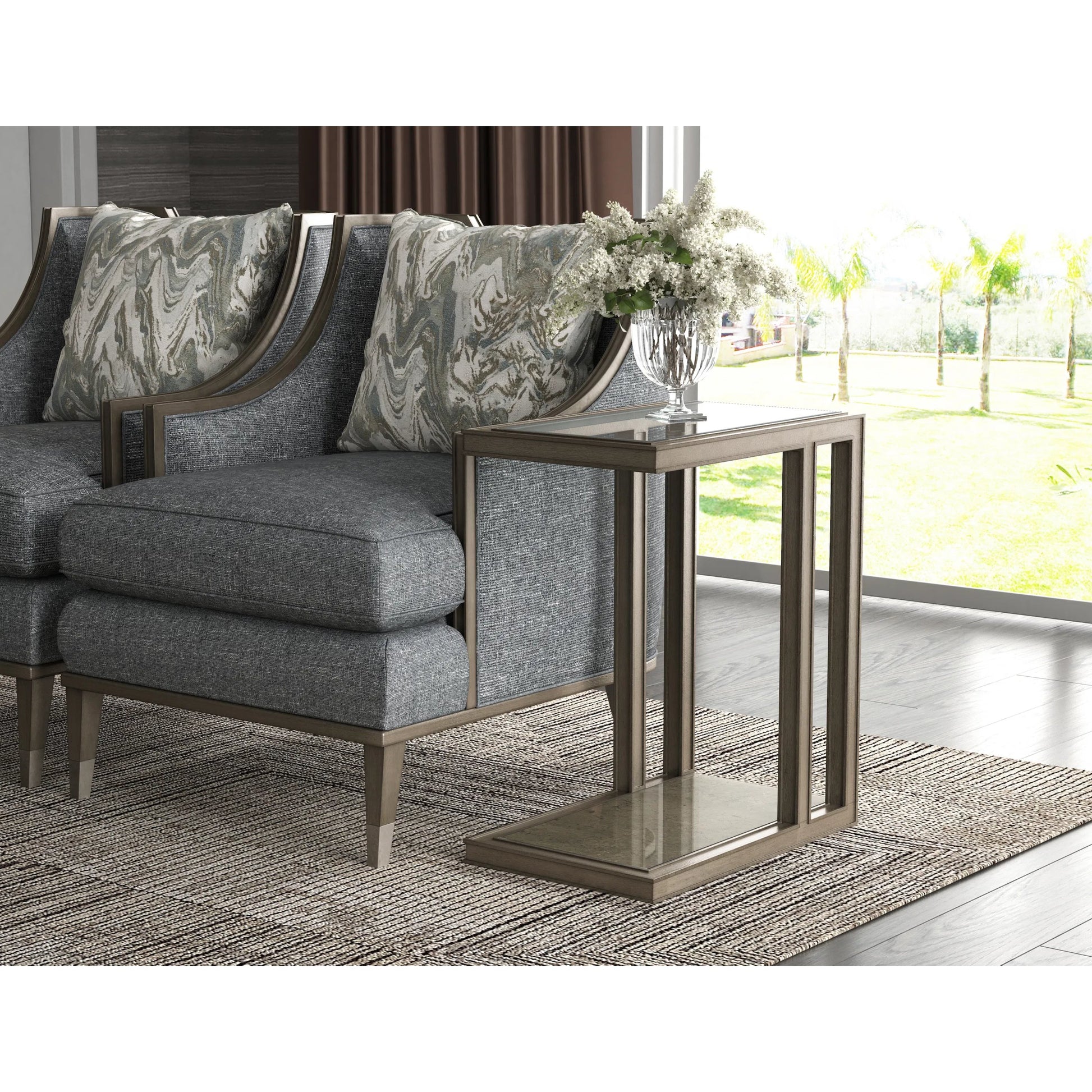 Cove Accent Table by A.R.T. Furniture in grey and mica. Made from rubberwood solids, primavera veneer, glass, cork in a modern style.
