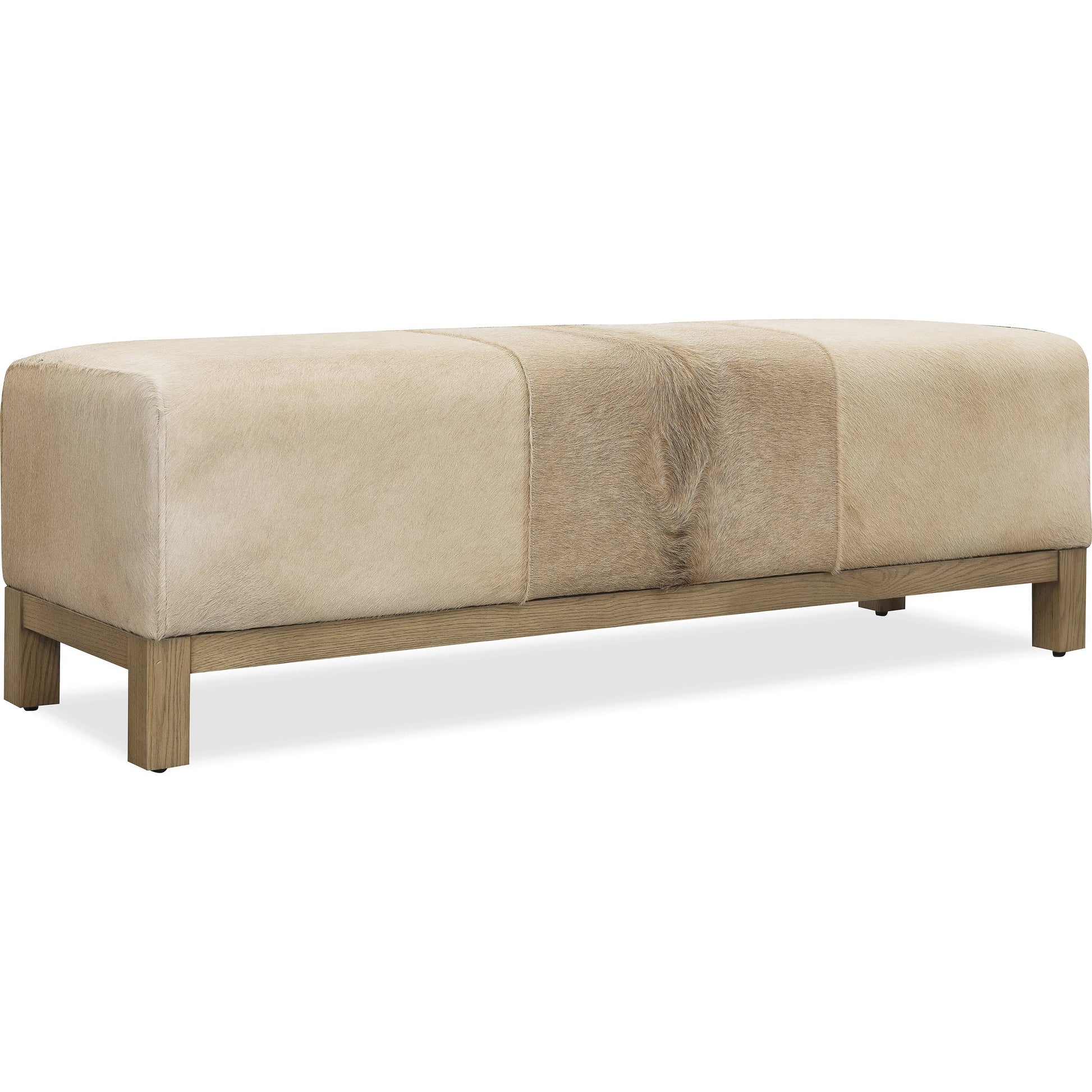 Melange Holy Cow Bench by Hooker Furniture in light wood oak, beige hair on hide leather. Made from solid oak wood, hair on hide leather, fabric, 82% polyester, 13% acrylic, 5% linen in a transitional style.