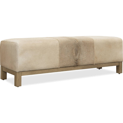 Melange Holy Cow Bench by Hooker Furniture in light wood oak, beige hair on hide leather. Made from solid oak wood, hair on hide leather, fabric, 82% polyester, 13% acrylic, 5% linen in a transitional style.