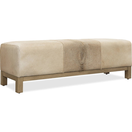 Melange Holy Cow Bench by Hooker Furniture in light wood oak, beige hair on hide leather. Made from solid oak wood, hair on hide leather, fabric, 82% polyester, 13% acrylic, 5% linen in a transitional style.