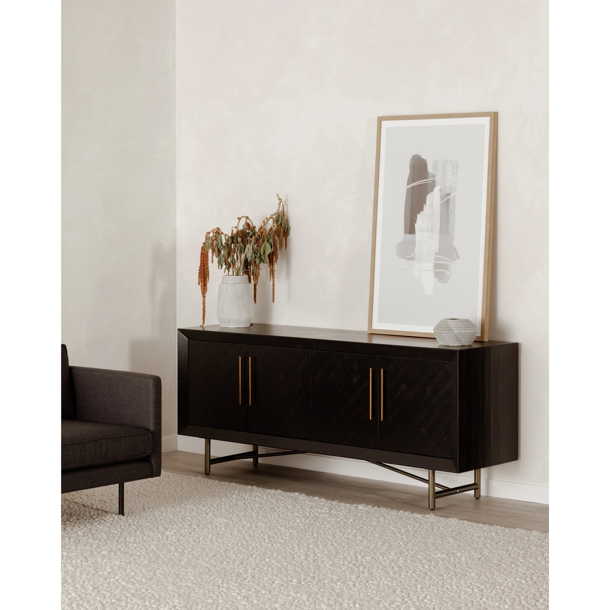 Sicily 4 Door Sideboard by Moe's Home Collection in black. Made from solid acacia, iron legs, mdf in a unique style.