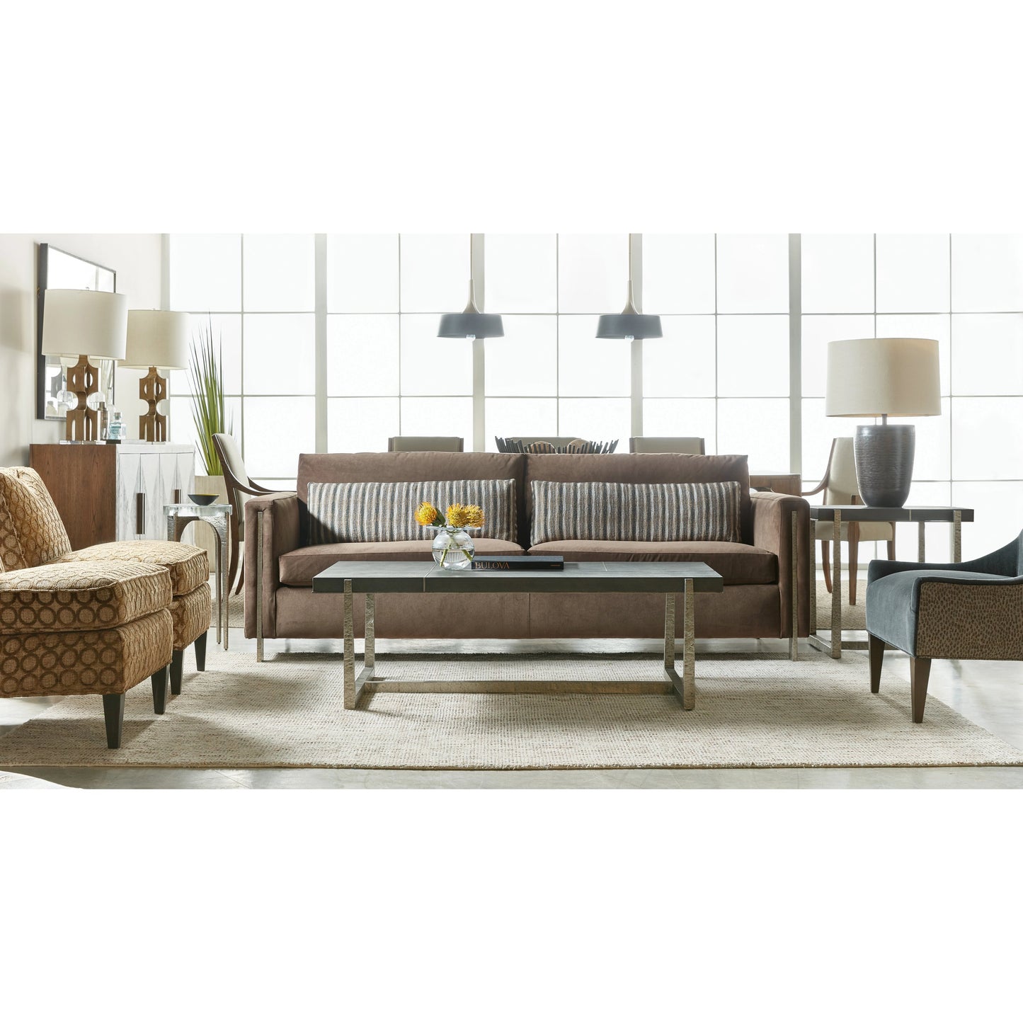 003 SI-1959563 | Lifestyle | Chapman Mixed Media Cocktail Table by Hooker Furniture in gray and pewter. Made from metal, faux shagreen in a modern style.