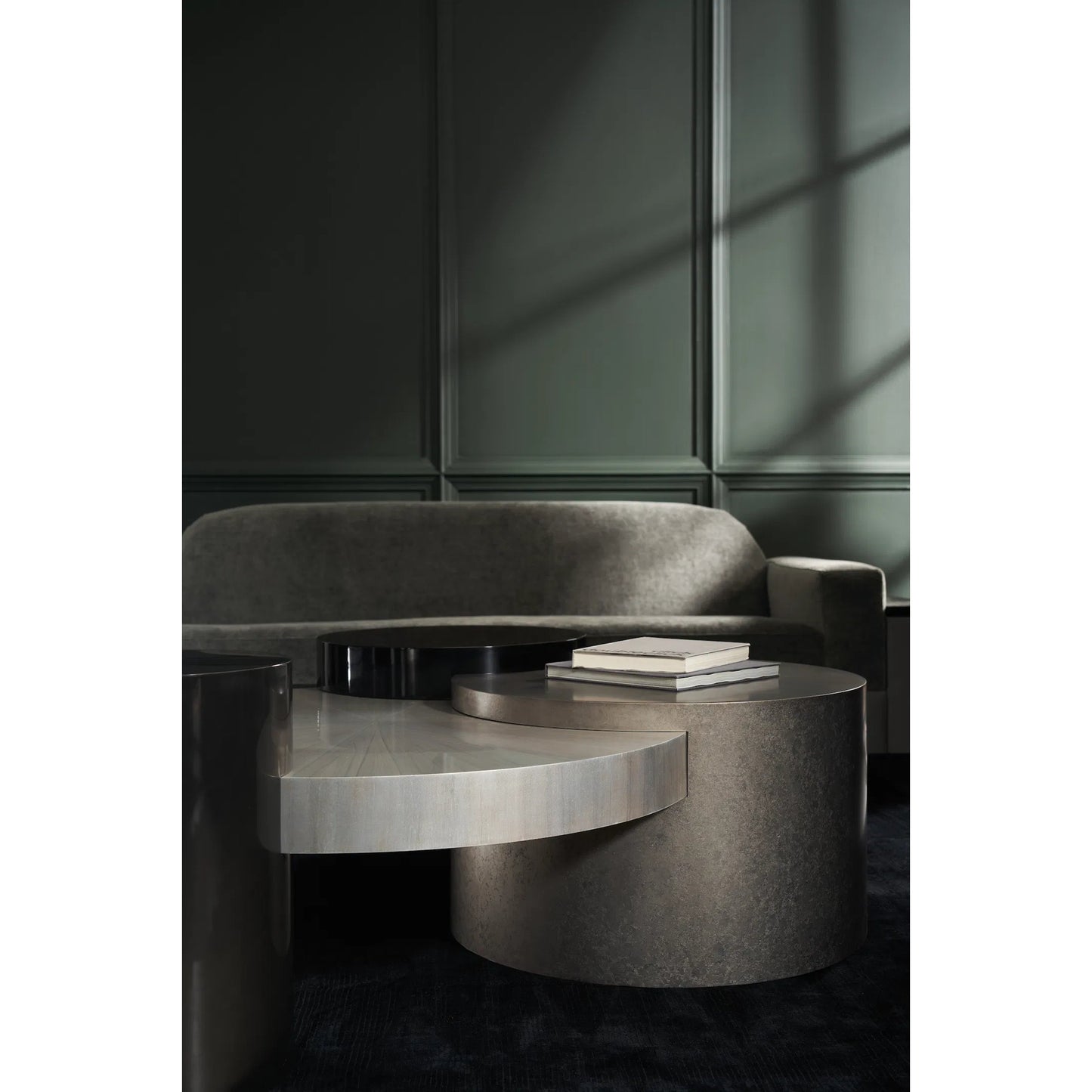 001 SI-2162965 | Lifestyle | Constellation Cocktail Table by Caracole in black and silver burst, piano black, twilight frost, brushed tungsten. Made from birch, metal in a modern style.