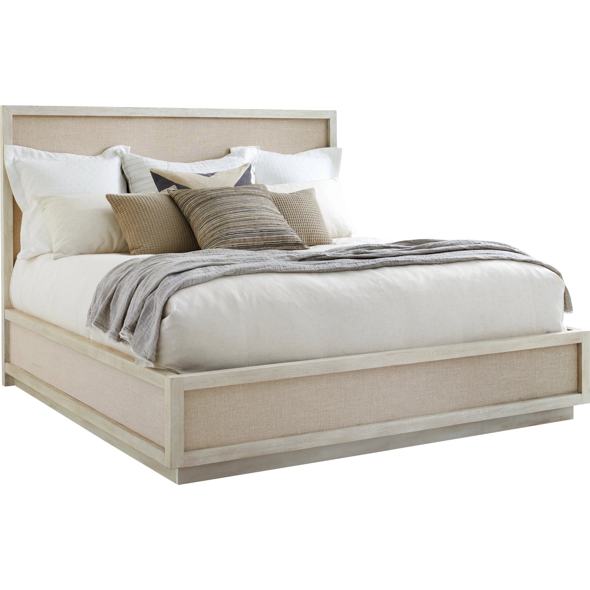 Cotiere Panel Bed by A.R.T. Furniture in beige and linen. Made from parawood solids, mixed split cathedral and quarter white oak veneers, fabric in a modern style.