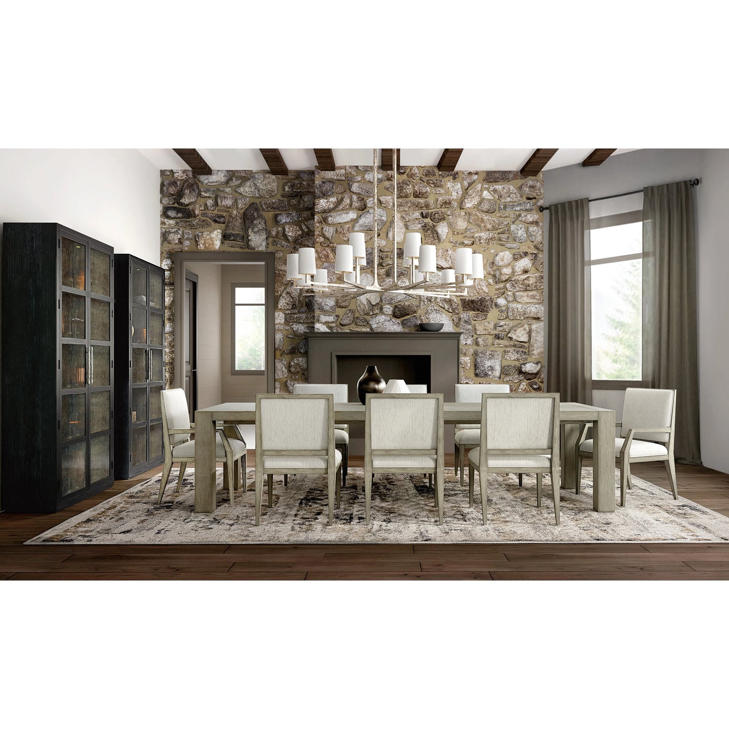 006 SI-1900789 | Lifestyle | Linville Falls North Fork Dining Table by Hooker Furniture in mink. Made from oak veneers in a modern style.