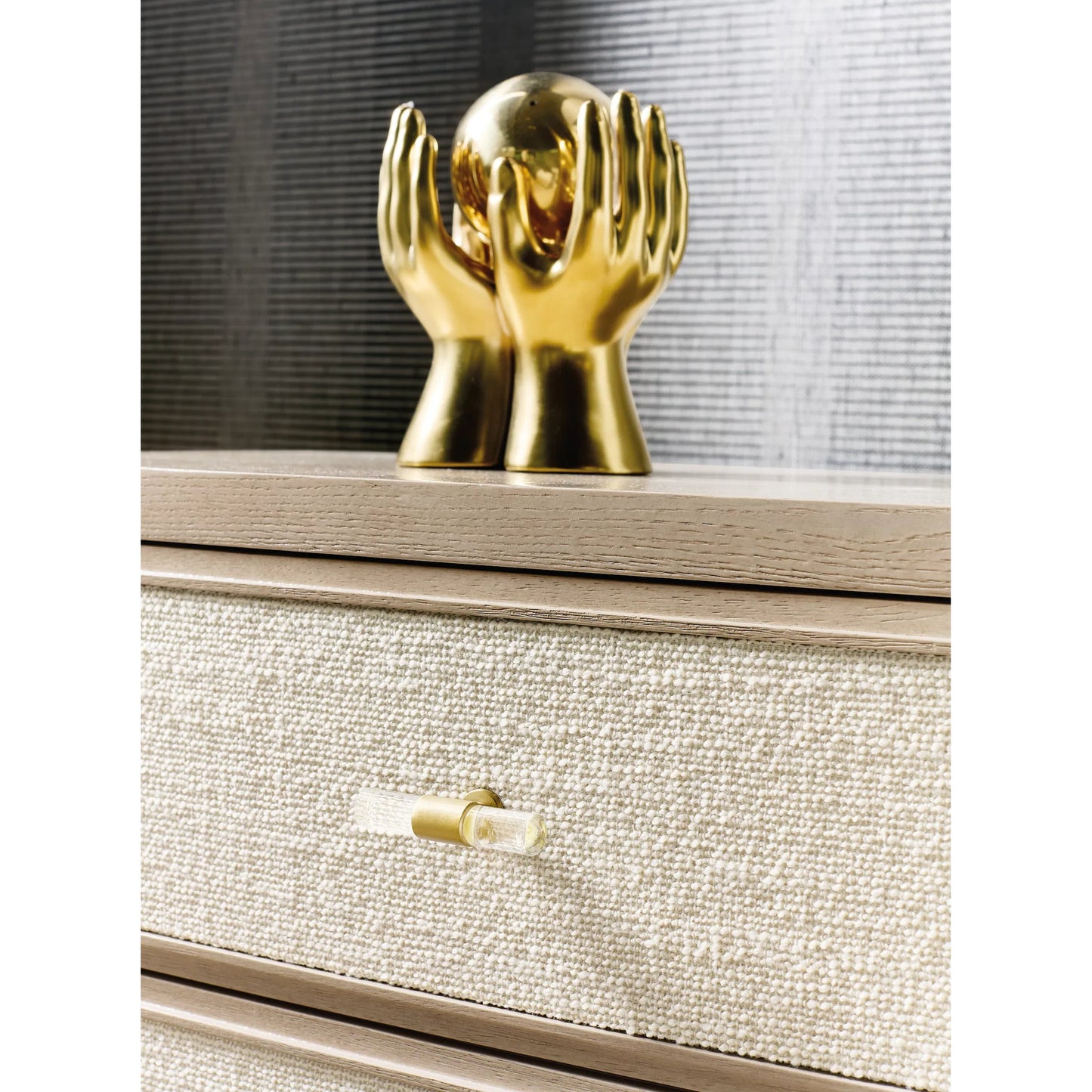 003 SI-2458431 | Closeup | Melange Be My Guest Nightstand by Hooker Furniture in beige and polished limestone, oak veneers. Made from oak veneers, fabric, 100% polyester in a transitional style.
