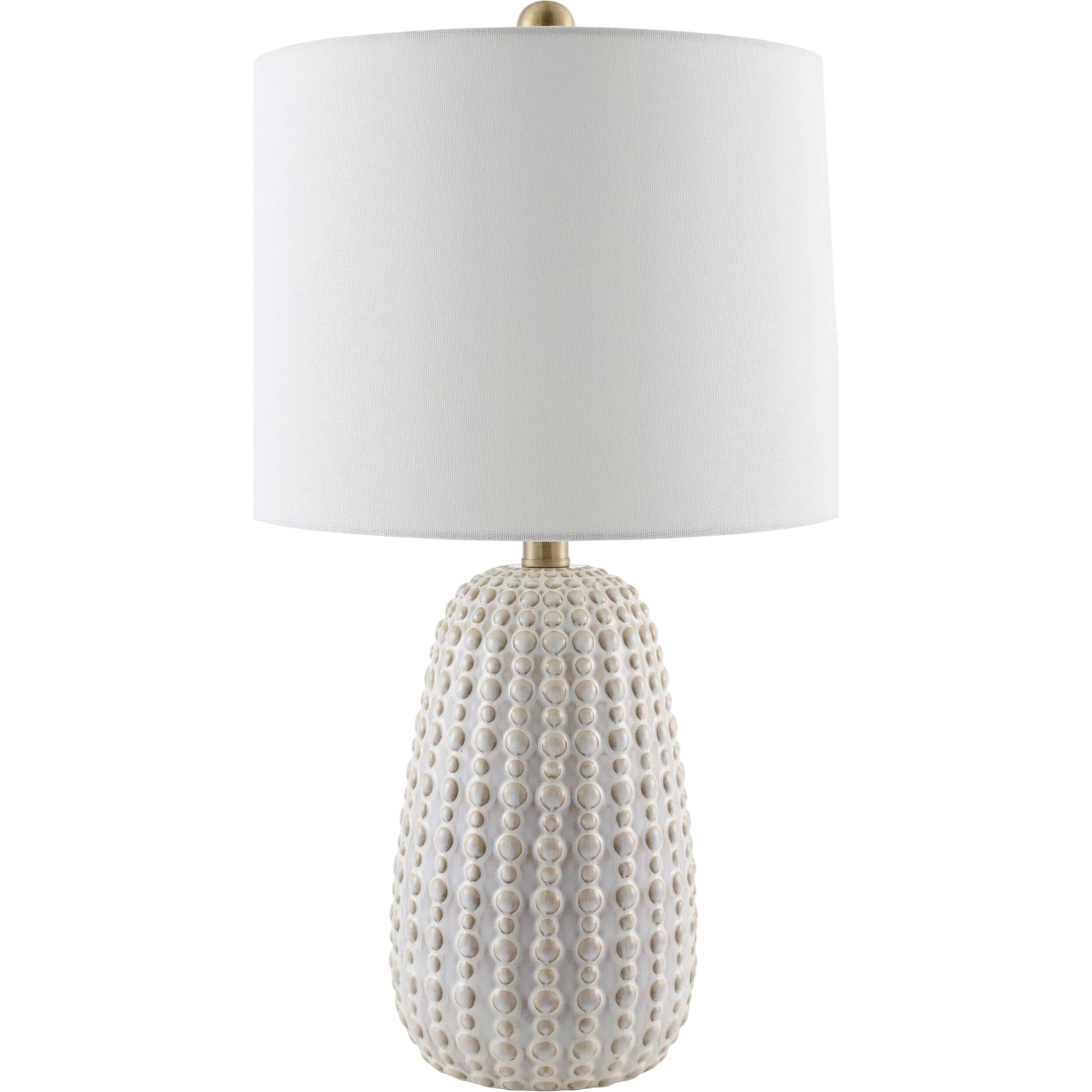 Veyline Accent Table Lamp by Livabliss in metallic brass, white, cream, translucent and electroplated, glazed. Made from ceramic, linen, polyester, iron in a unique style.