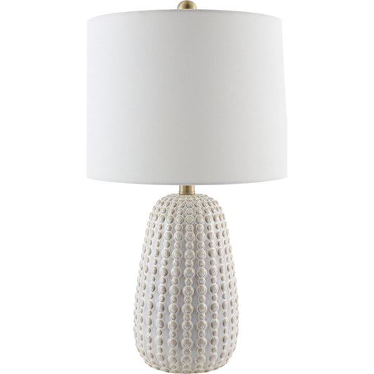 Veyline Accent Table Lamp by Livabliss in metallic brass, white, cream, translucent and electroplated, glazed. Made from ceramic, linen, polyester, iron in a unique style.
