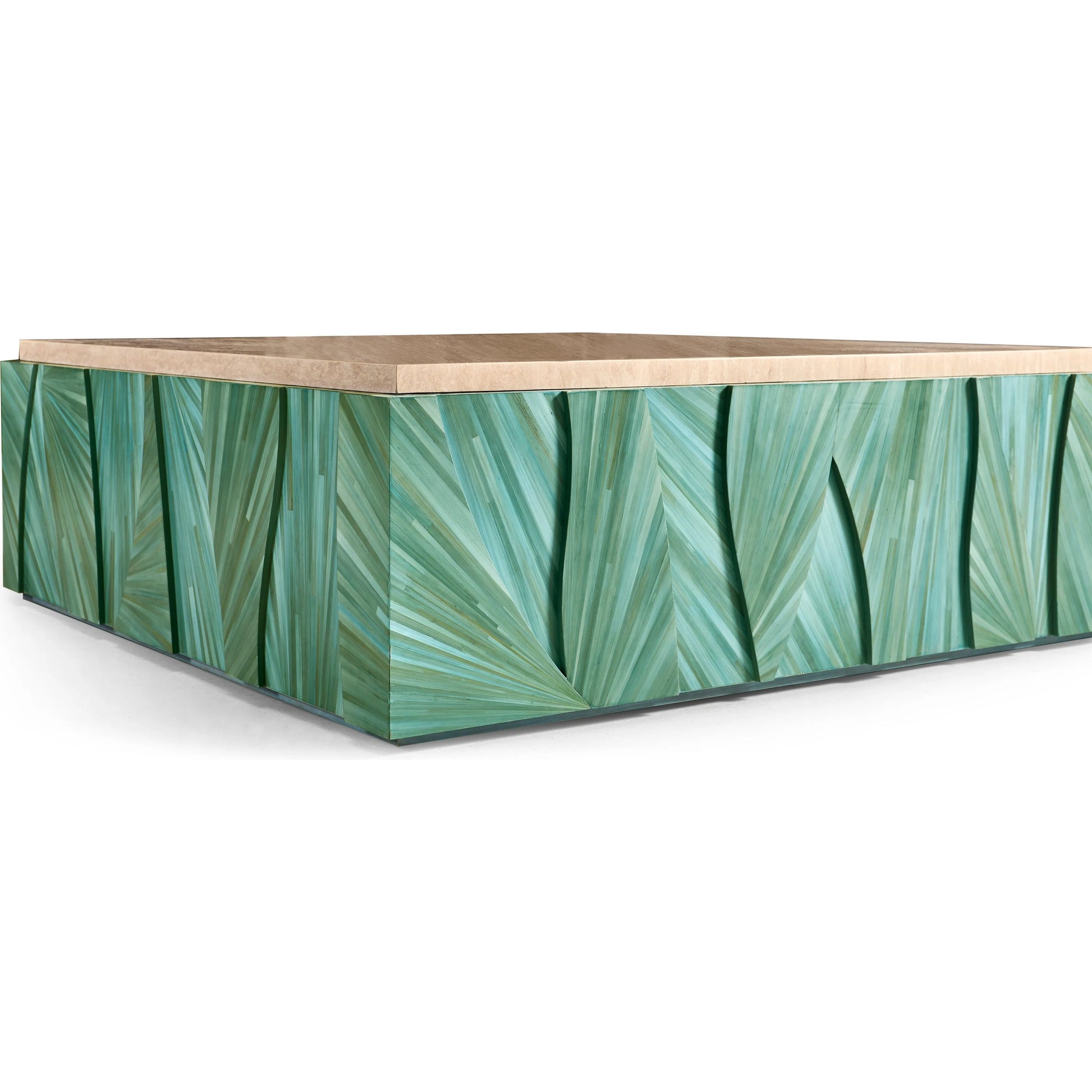 Seaglass Coffee Table by Jonathan Charles in blue and blue straw. Made from straw, marble, koto veneer in a eclectic & global style.