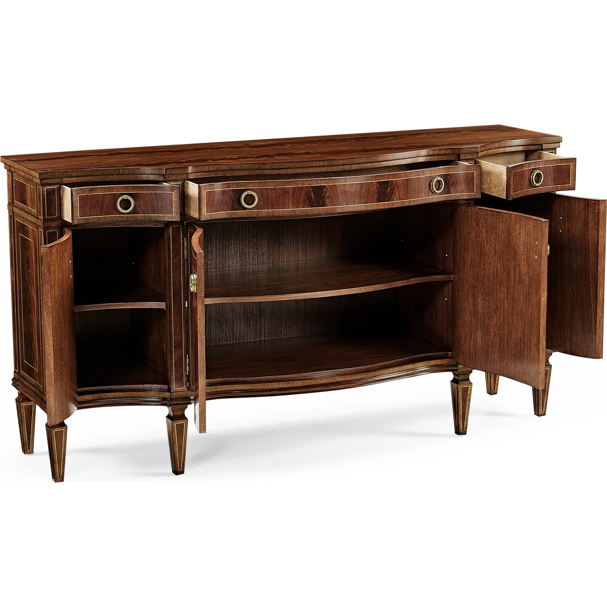 Buckingham Serpentine Mahogany Credenza by Jonathan Charles in brown and medium antique mahogany. Made from acacia in a traditional style.