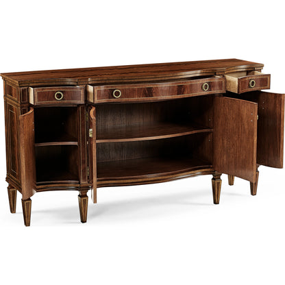 Buckingham Serpentine Mahogany Credenza by Jonathan Charles in brown and medium antique mahogany. Made from acacia in a traditional style.