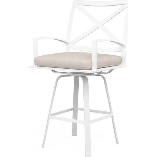 Bristol Outdoor Swivel Barstool in Canvas Flax w/ Self Welt by Sunset West in white. Made from aluminum in a modern style.