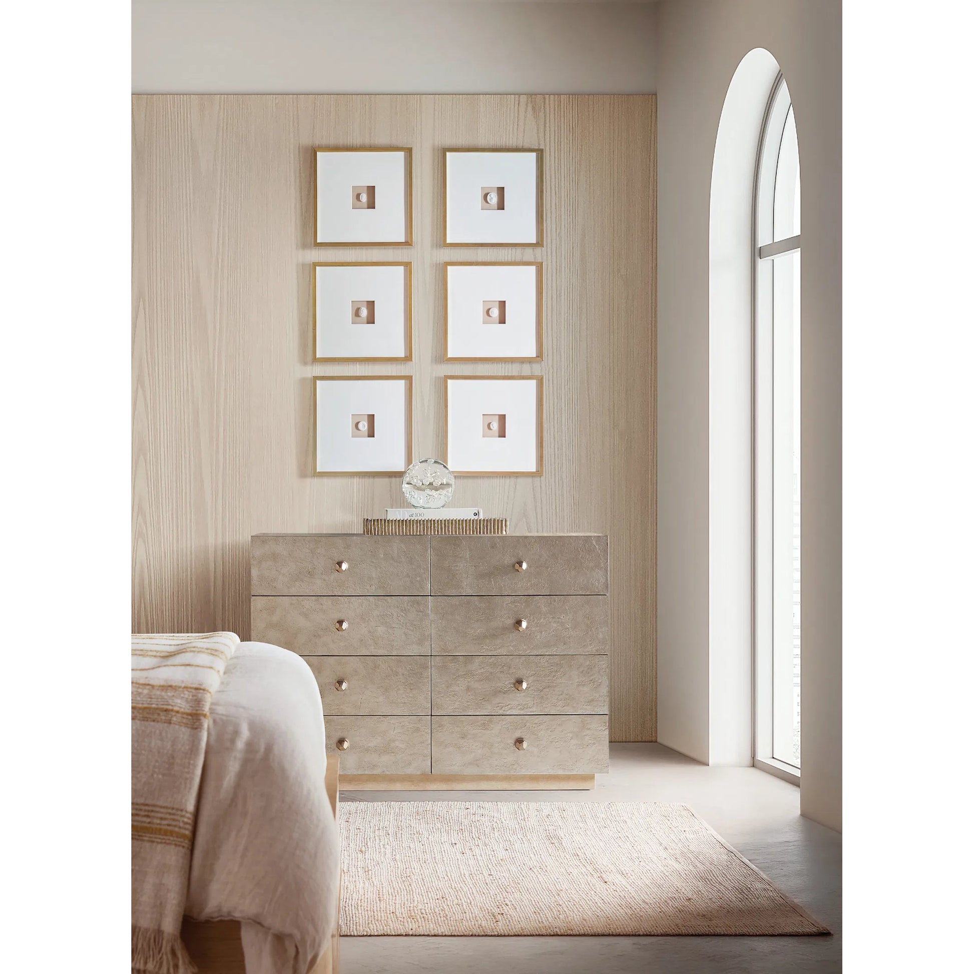 Westwood Single Dresser by Hooker Furniture in silvers and polished limestone. Made from oak veneers in a modern style.