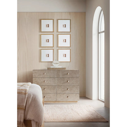 Westwood Single Dresser by Hooker Furniture in silvers and polished limestone. Made from oak veneers in a modern style.