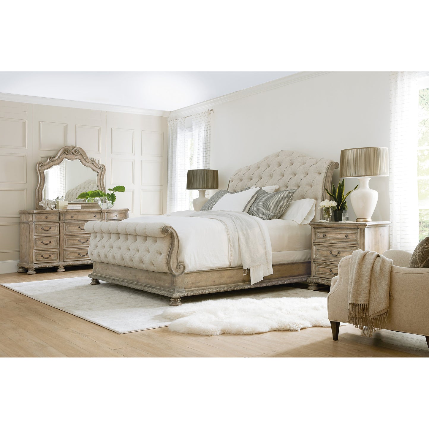 005 SI-1748588,SI-1748589 | Lifestyle | Castella Tufted Bed by Hooker Furniture in beige and antique slate, natural tan. Made from pecan veneers, fabric in a traditional style.