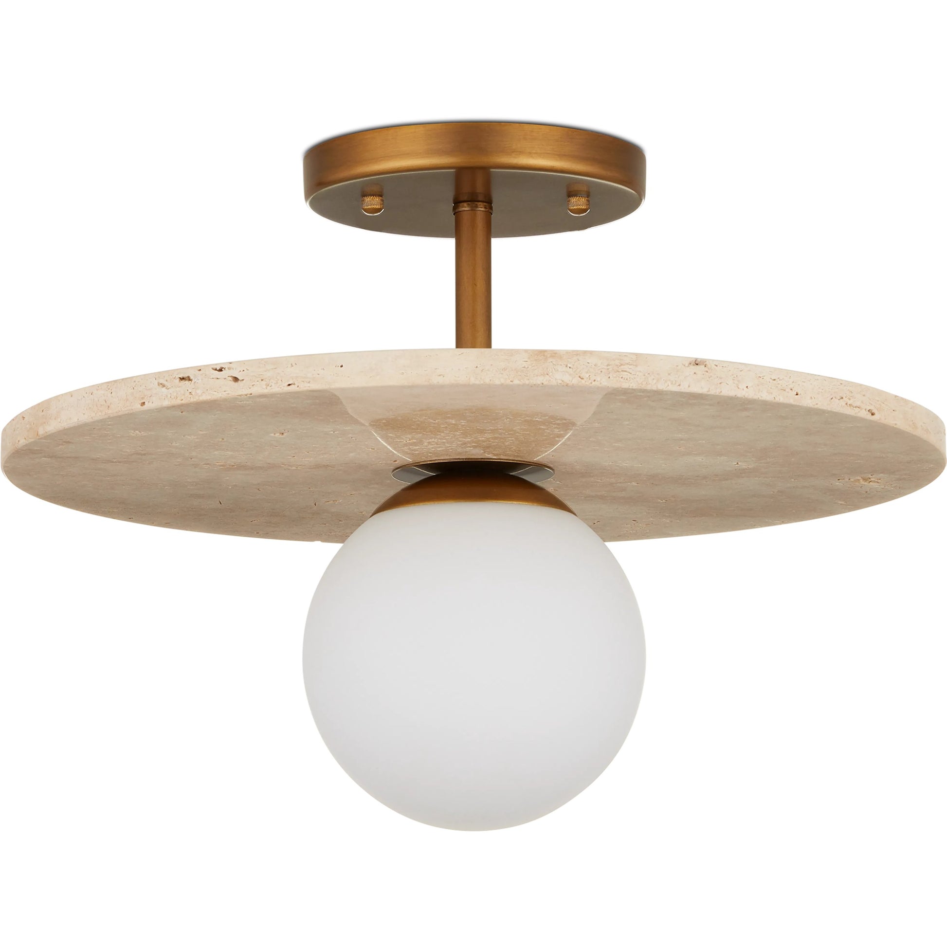 Apricity Semi-Flush Mount by Currey and Company in beige, antique brass, frosted white. Made from travertine, metal, glass in a modern style.