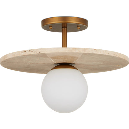 Apricity Semi-Flush Mount by Currey and Company in beige, antique brass, frosted white. Made from travertine, metal, glass in a modern style.