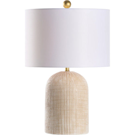 Collins Lamp by Wildwood in white, cream, tan and white glaze with tan cross hatching. Made from unique in a unique style.