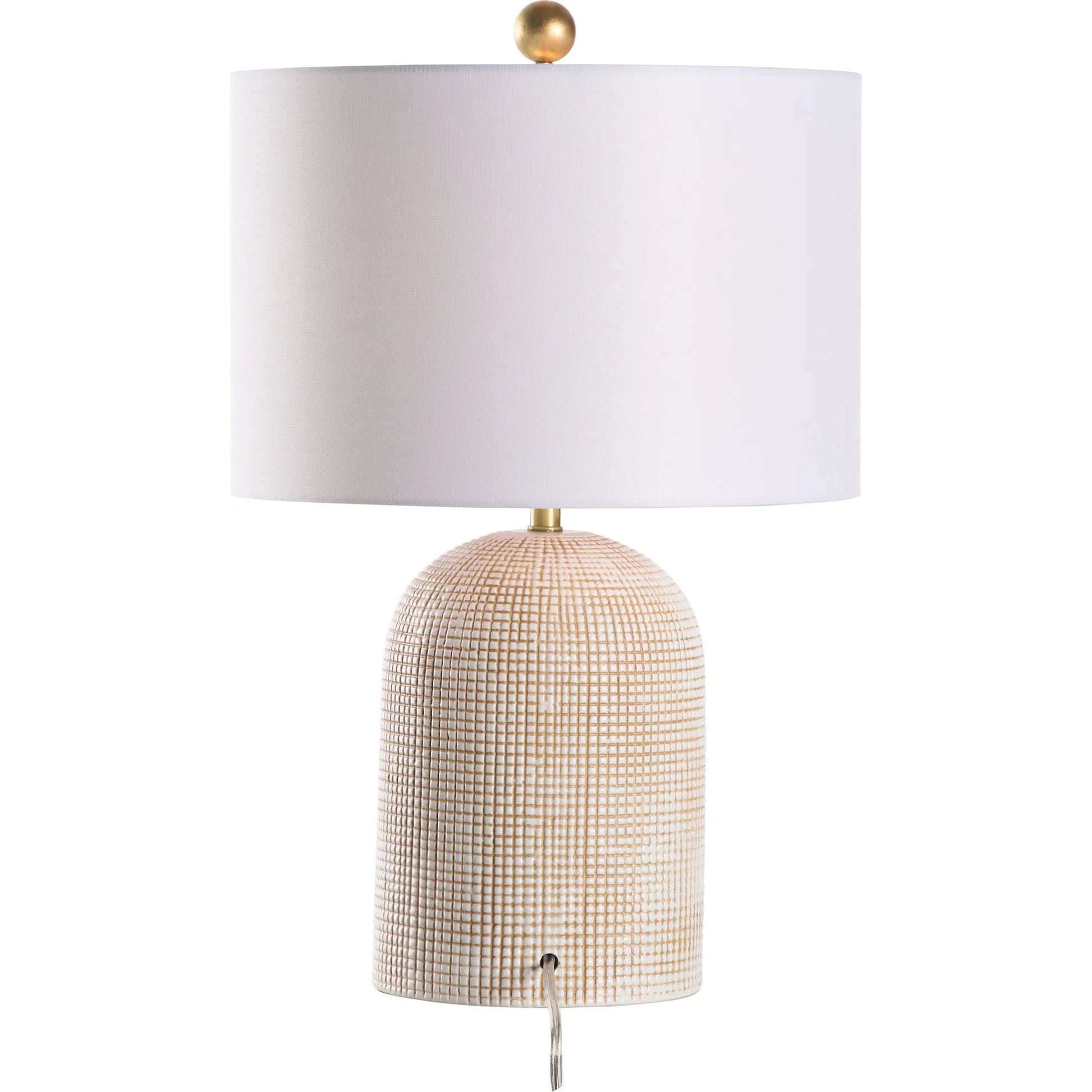 Collins Lamp by Wildwood in white, cream, tan and white glaze with tan cross hatching. Made from unique in a unique style.