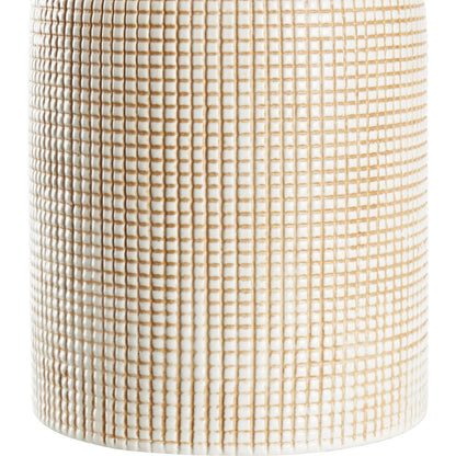 Collins Lamp by Wildwood in white, cream, tan and white glaze with tan cross hatching. Made from unique in a unique style.