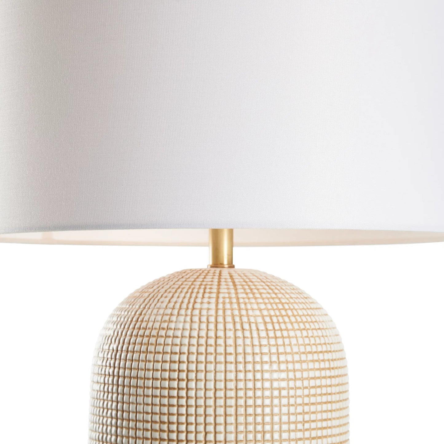 004 SI-2534010 | Closeup | Collins Lamp by Wildwood in white, cream, tan and white glaze with tan cross hatching. Made from unique in a unique style.