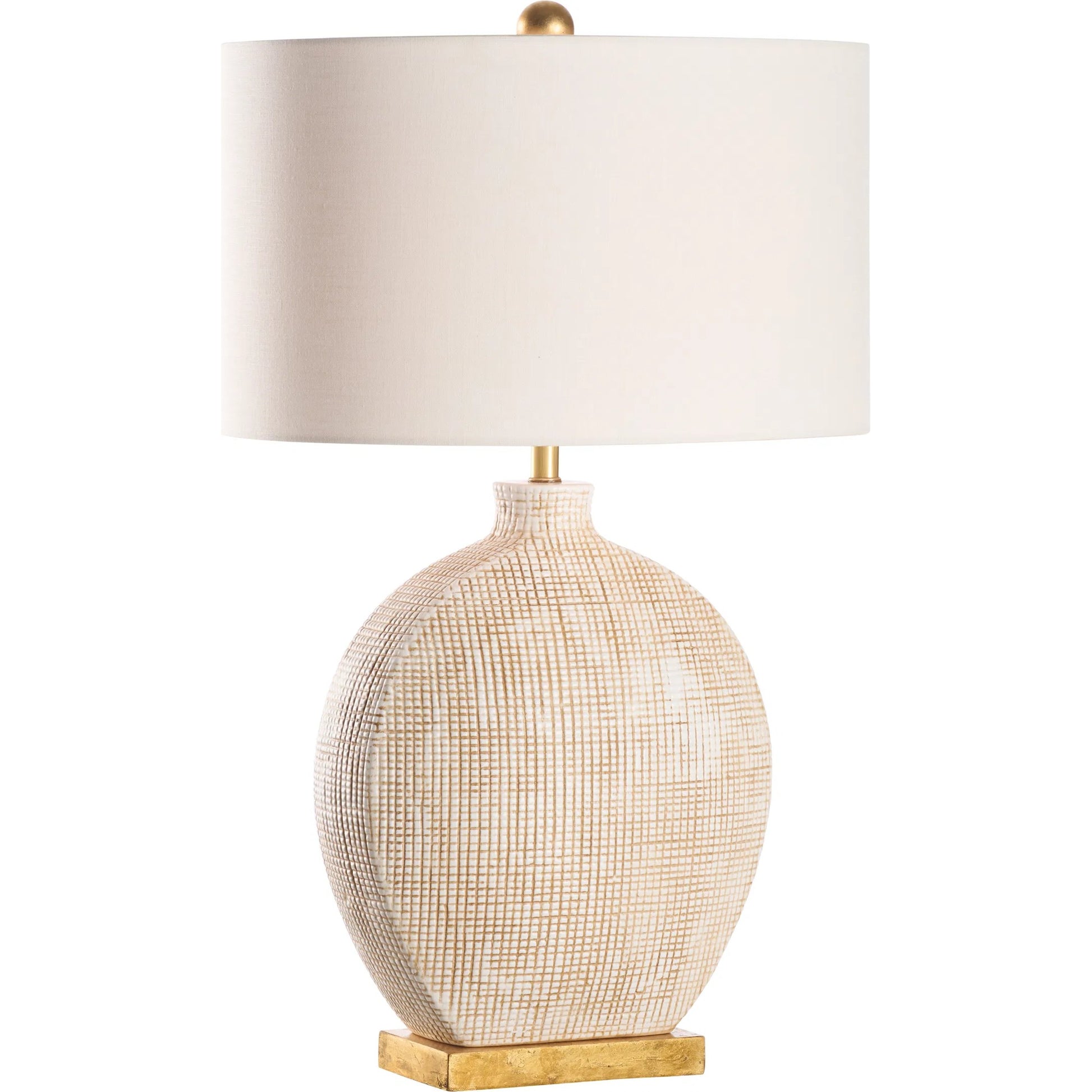 Perry Lamp by Wildwood in white, cream, tan and cream glaze, tan cross hatching. Made from unique in a unique style.