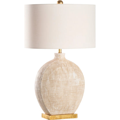 Perry Lamp by Wildwood in white, cream, tan and cream glaze, tan cross hatching. Made from unique in a unique style.