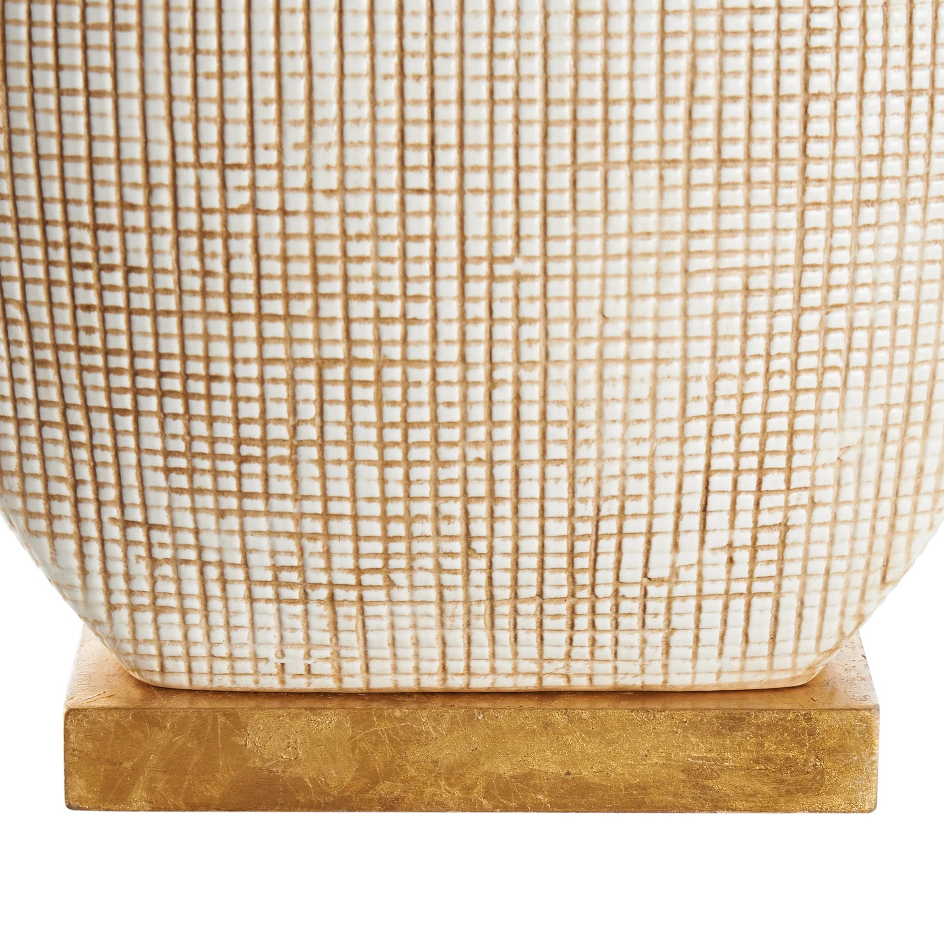 Perry Lamp by Wildwood in white, cream, tan and cream glaze, tan cross hatching. Made from unique in a unique style.