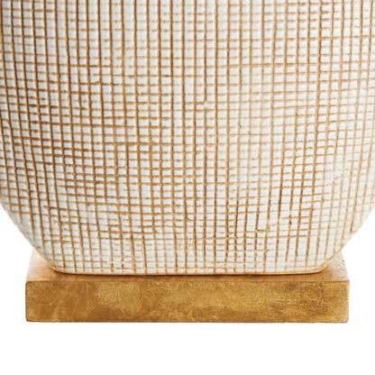 Perry Lamp by Wildwood in white, cream, tan and cream glaze, tan cross hatching. Made from unique in a unique style.