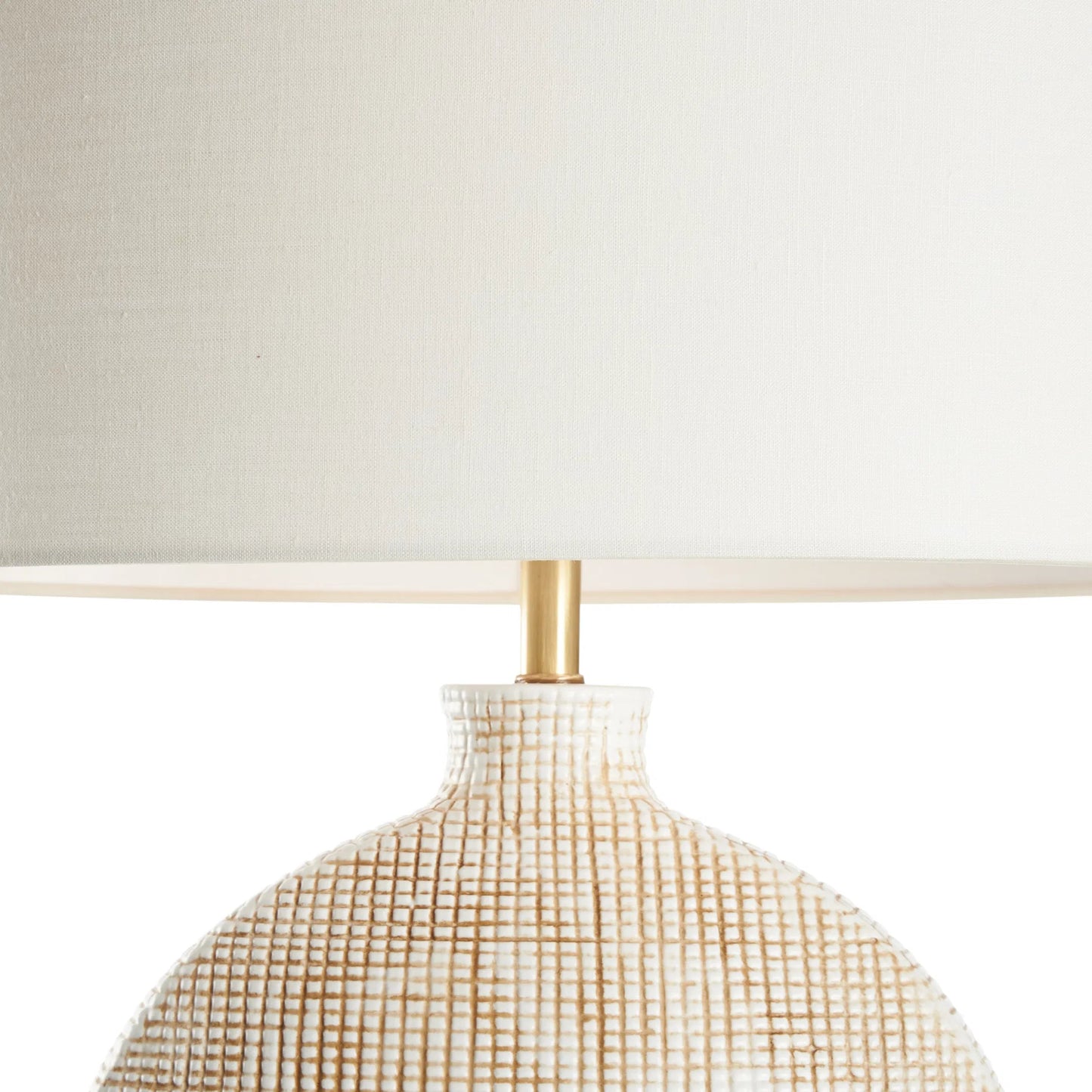 004 SI-2534054 | Closeup | Perry Lamp by Wildwood in white, cream, tan and cream glaze, tan cross hatching. Made from unique in a unique style.