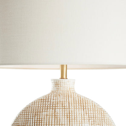 Perry Lamp by Wildwood in white, cream, tan and cream glaze, tan cross hatching. Made from unique in a unique style.