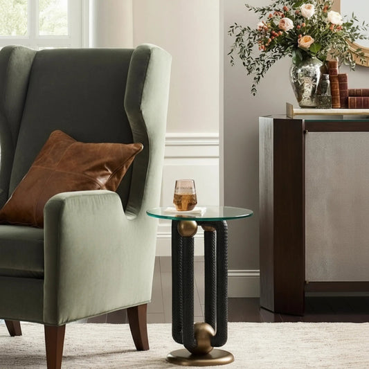 Marcel Side Table by Wildwood in black, gold and matte gold, black, clear. Made from unique in a unique style.