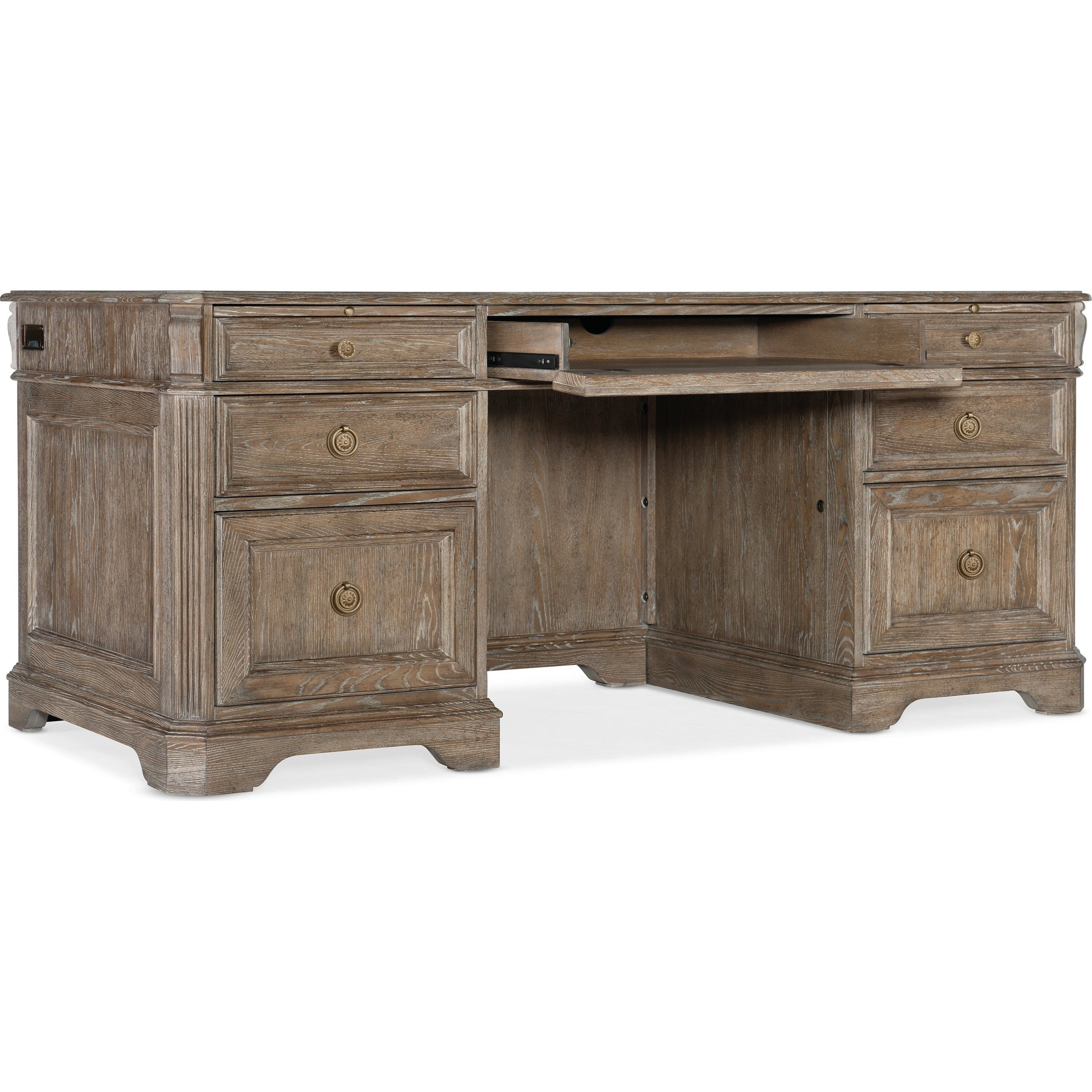Sutter Executive Desk by Hooker Furniture in claro. Made from cathedral oak veneers in a traditional style.