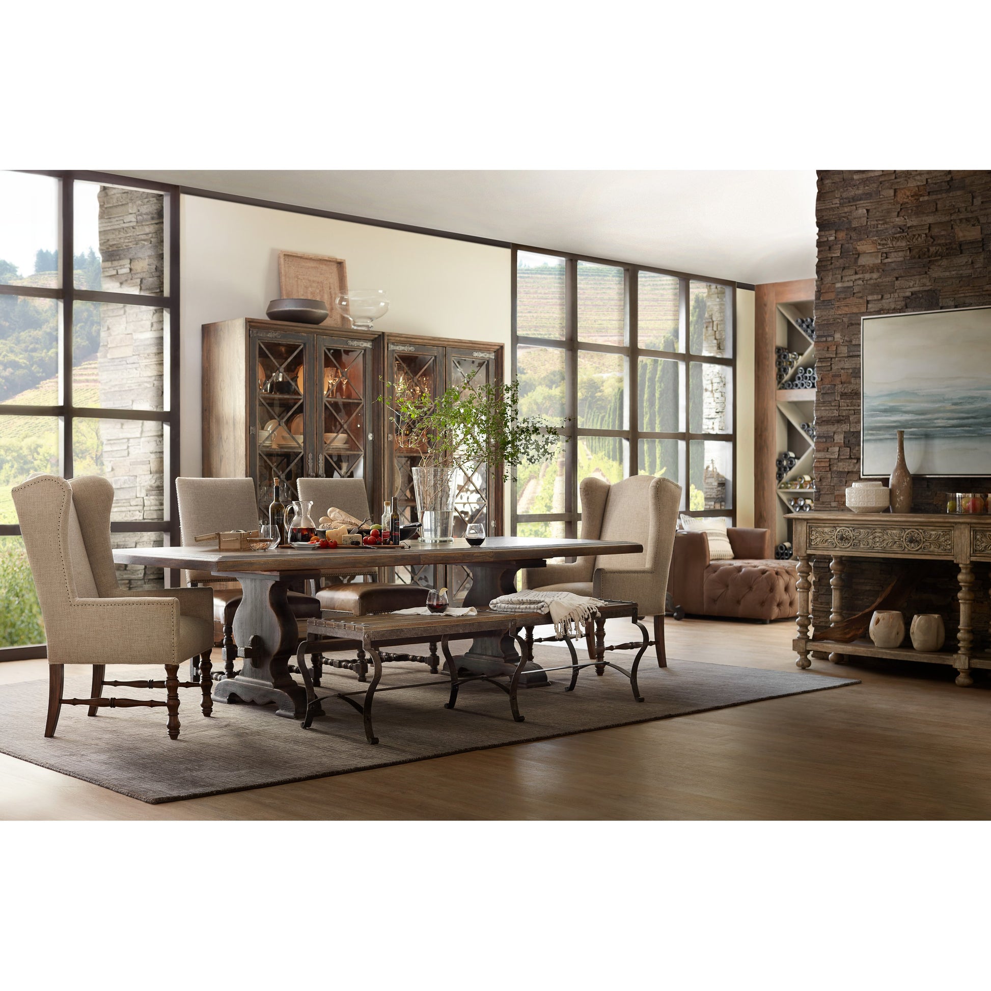 Bandera Dining Table by Hooker Furniture in saddle brown, anthracite black. Made from white oak, walnut veneers with resin in a traditional style.