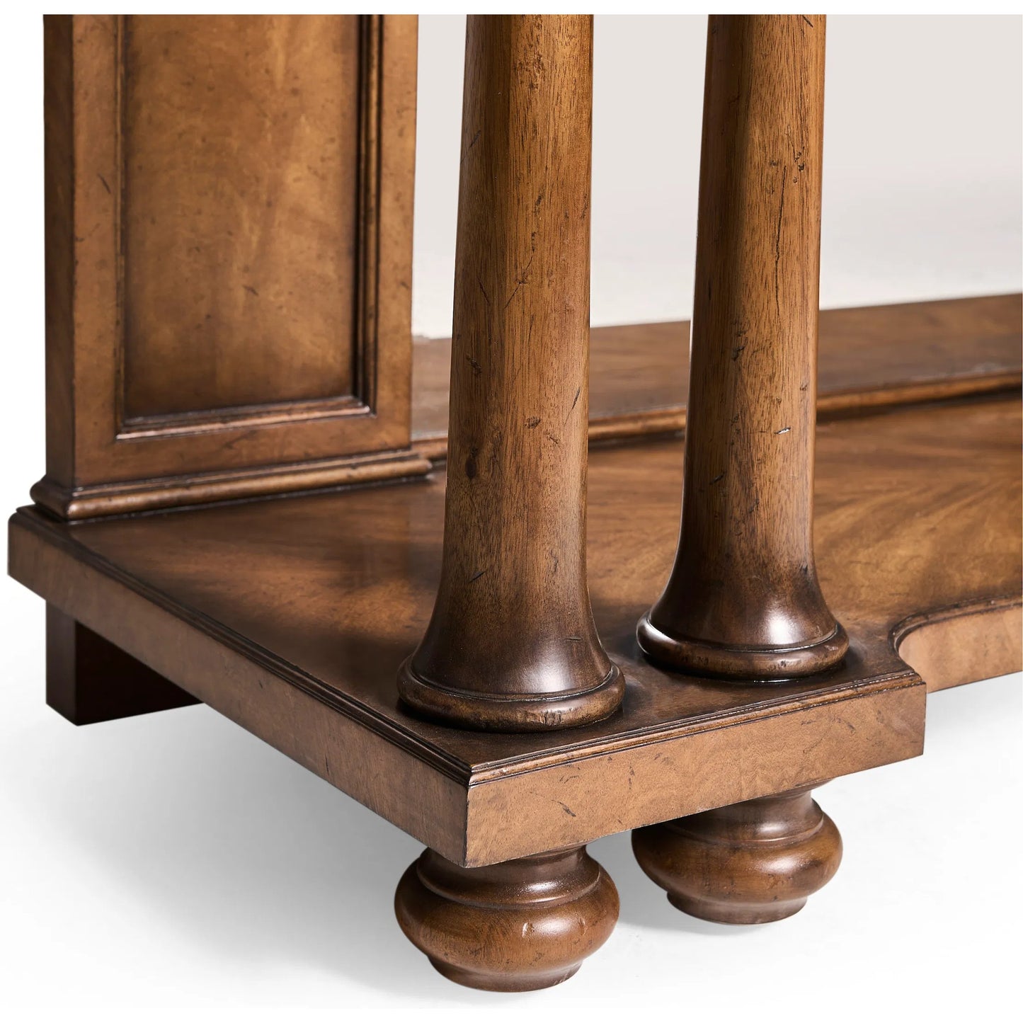 008 SI-2535725 | Closeup | Hattie Mirrored Console Table by Jonathan Charles in medium crotch walnut. Made from main cerejeira veneer in a unique style.