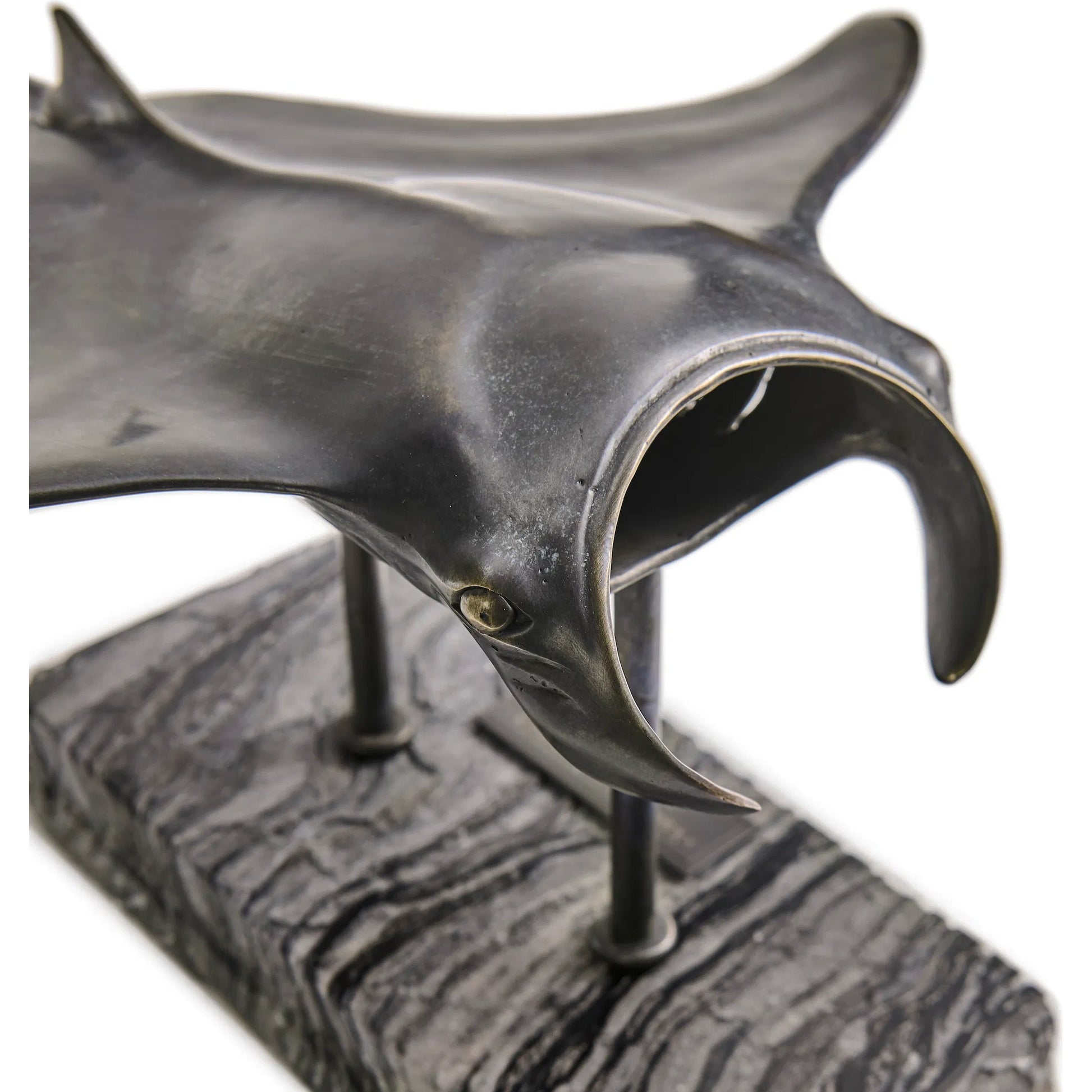 Manta Ray Bronze Statue with Marble Base by Jonathan Charles in dark rustic waxed bronze. Made from main brass in a unique style.