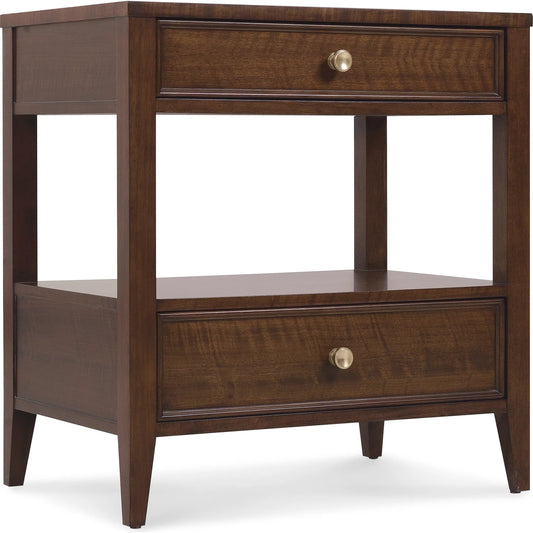 Archives Two-Drawer Tall Nightstand by Hooker Furniture in dark wood and classic walnut. Made from figured quartered walnut veneer with oak veneer in a transitional style.