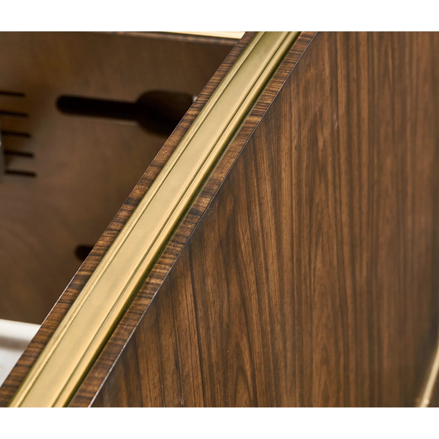 006 SI-2334509 | Closeup | Viceroy Panel Bed by Jonathan Charles in brown and santos brown, antique brass. Made from mahogany, cerejeira veneers, santos rosewood crown veneers, brass in a traditional style.