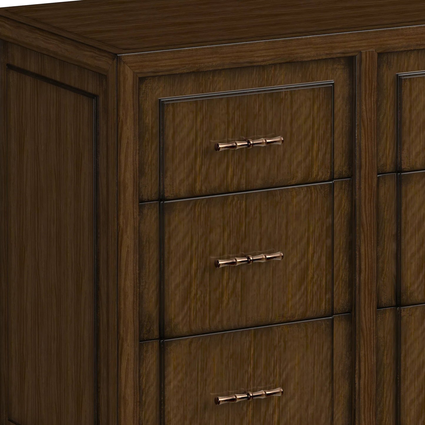 006 SI-2447918 | Closeup | Eave 9 Drawer Dresser by A.R.T. Furniture in hazelnut. Made from poplar, parawood solids, walnut veneer in a traditional style.
