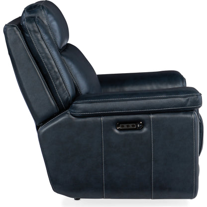 Montel Lay Flat Power Recliner by Hooker Furniture in cosmos cobalt. Made from leather in a traditional style.