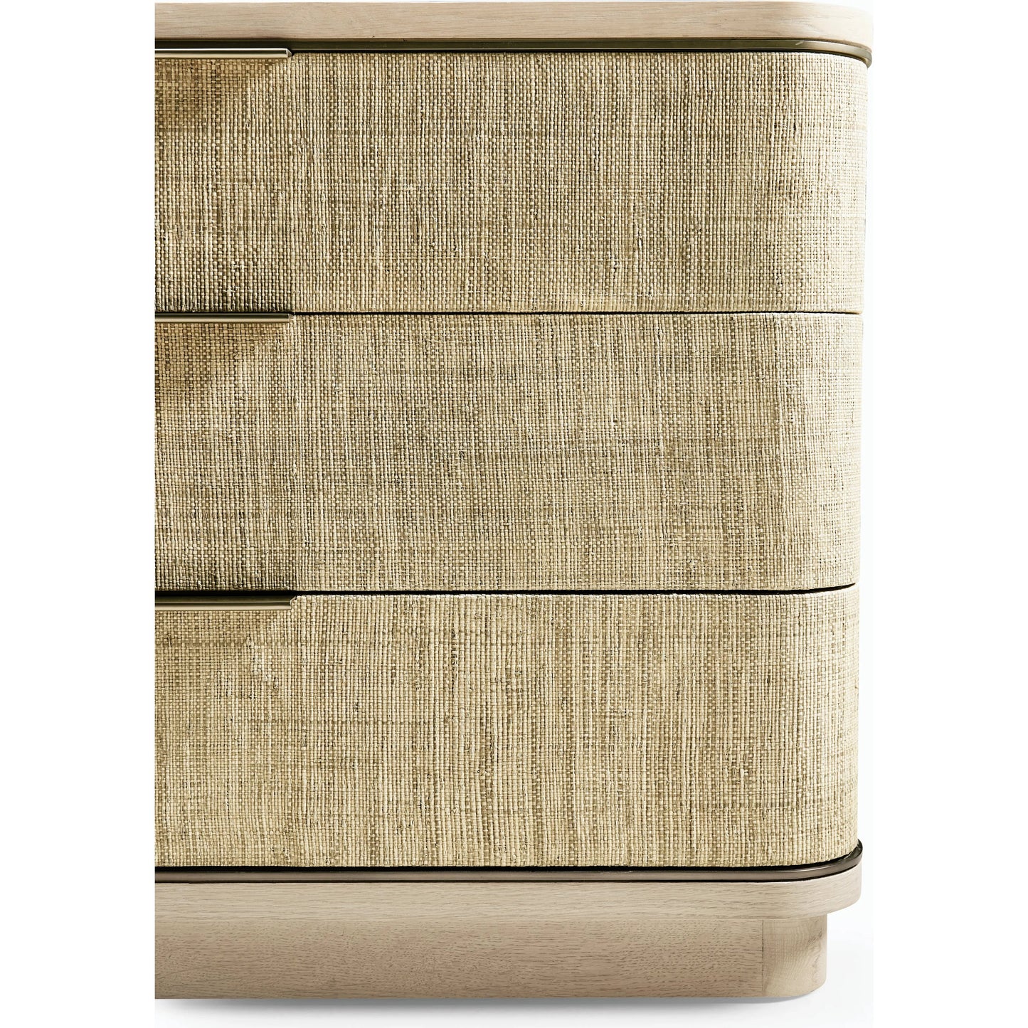 006 SI-2186255 | Closeup | Water Seiche Large Grasscloth Nightstand by Jonathan Charles in whitewash oak. Made from oak, grass cloth, brass in a transitional style.