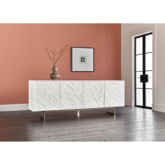 Melange Passerine Four Door Credenza by Hooker Furniture in white. Made from hardwoods with resin, metal in a modern style.