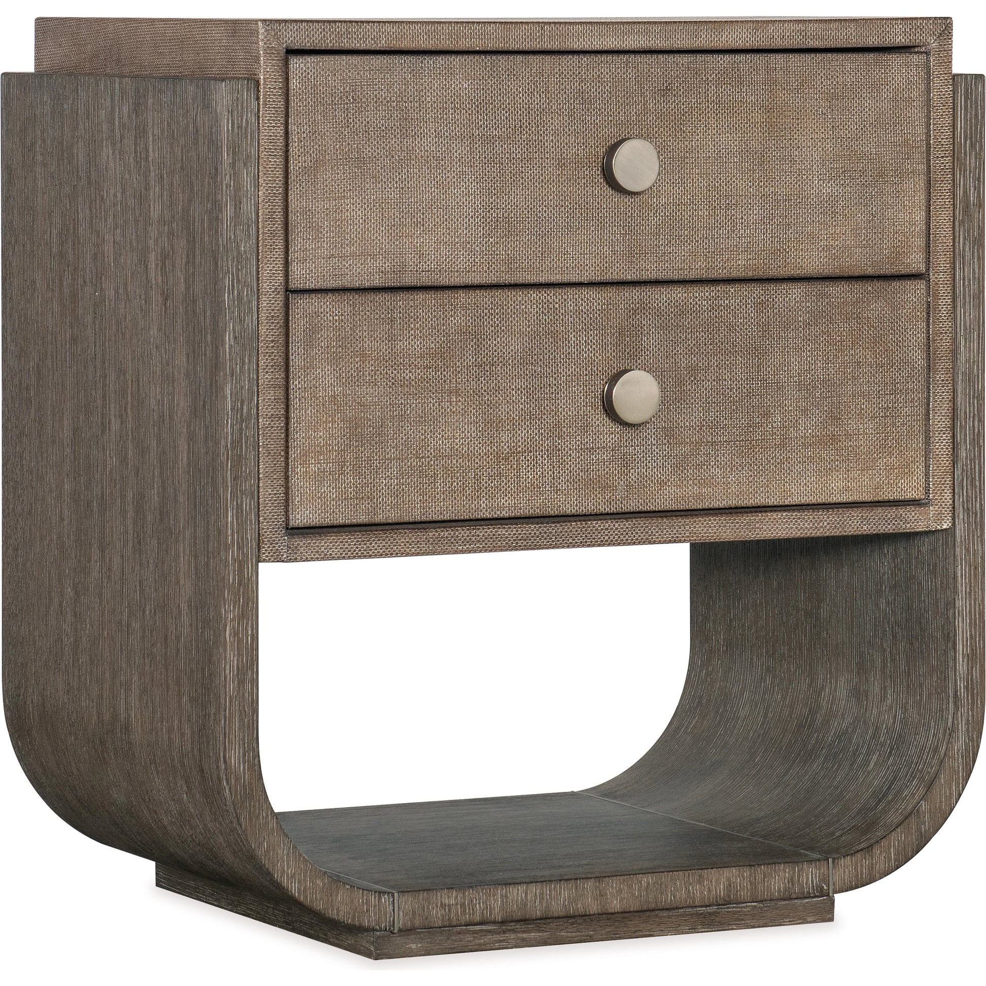 Modern Mood Two Drawer Nightstand by Hooker Furniture. Made from oak veneers, raffia, metal in a modern style.
