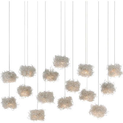 Birds Nest Linear 30-LIGHT Multi-Drop Pendant by Currey and Company in painted silver, clear. Made from metal, glass bead in a modern style.